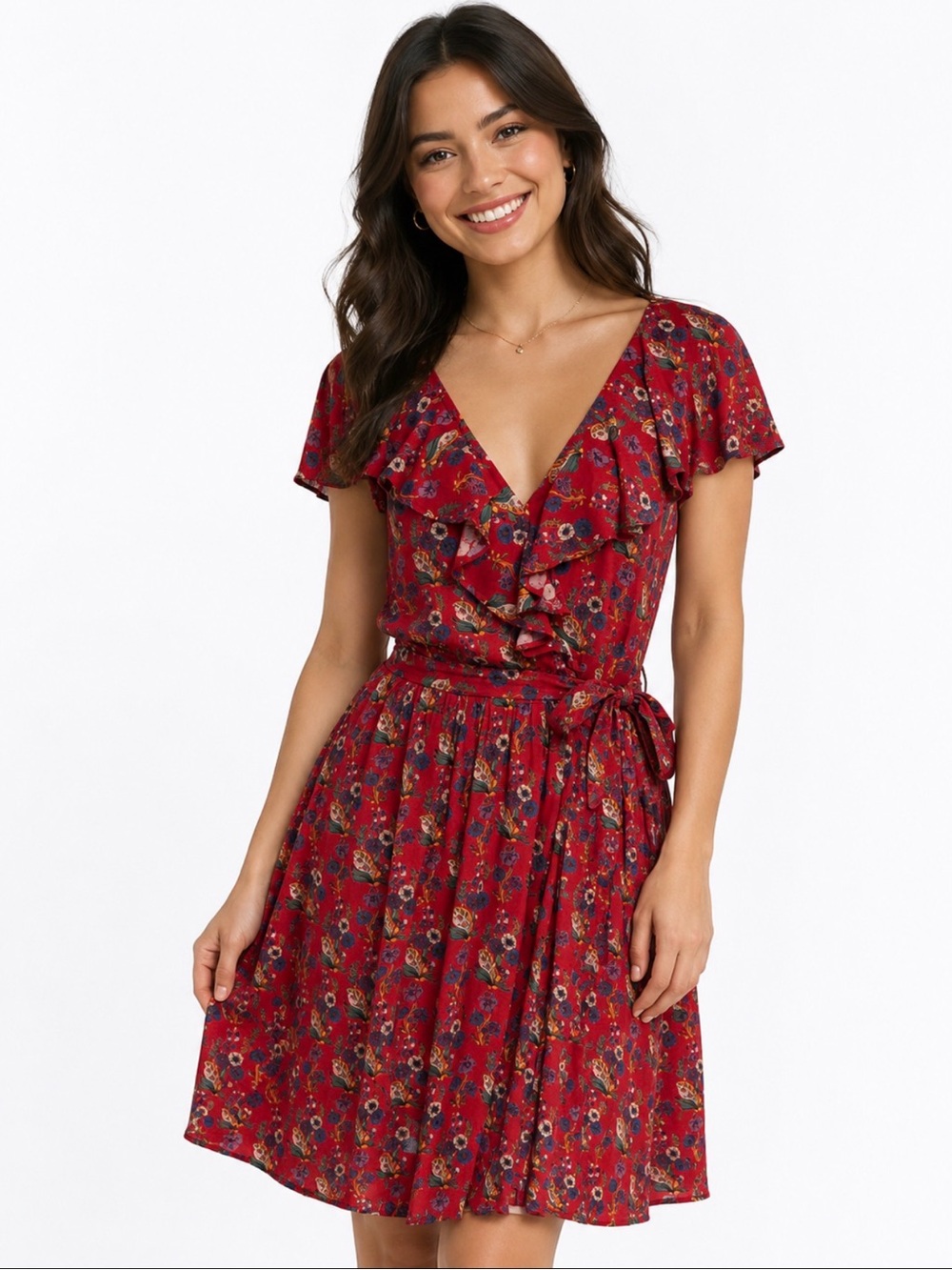 Rosalia Ruffle Shirred Faux Wrap Lined Dress" by Maeve, sold at Anthropologie